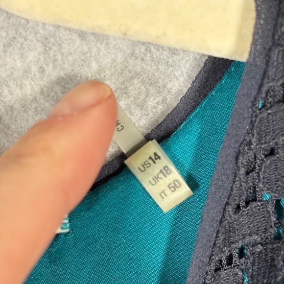 Tahari Dress 14 Navy Turquoise Lace‎ Sheer Mod Career Church Southern 50s Preppy - Picture 6 of 15